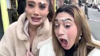 Girls Stroll Downtown With Facial Cum Dripping